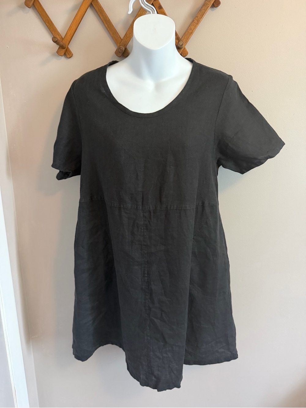 FLAX Black 100% Linen Empire Waist Pockets Dress Petite